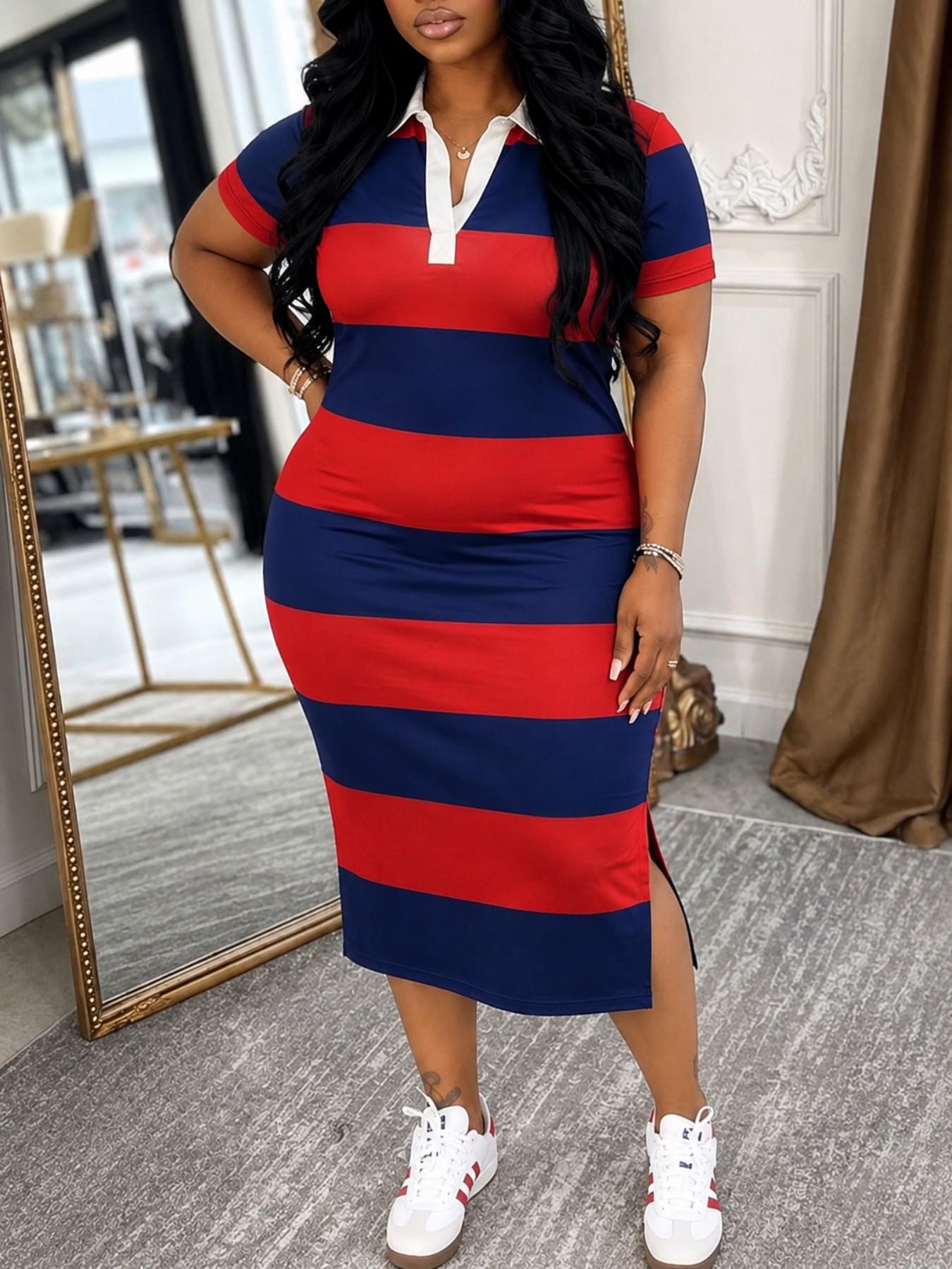 Plus Size Women's Striped Polo Neck Bodycon Dress, Casual Slim-Fit Short Sleeve Side Slit Midi Dress for Daily Wear