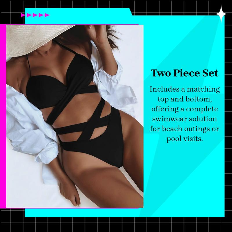Women's Solid Sexy Criss Cross Bikini Set, Casual Halter Tie Back Swim Bra & High Waist Swim Panty, Push Up Swimsuit for Women, Summer Lace-Up Swimsuit For All Season, Two Piece Bandage Bathing Suits 2026,Fitted Cut-Out Beachsuit, Criss Cross Swimsuits .