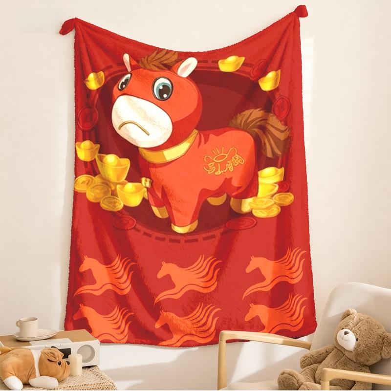 Cute Bitter Horse Theme Flannel Blanket, Large Size, Soft Lightweight Warm, Perfect for Bed Sofa Office Camping Travel Gift