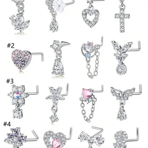 4 Counts Elegant Dangle Nose Ring, 20g L-Shaped Stainless Steel Nose Studs for Women, Butterfly & Heart Design, Best Party Jewelry Gift Choice, Nose Piercing Jewelry, Body Jewelry, Body Jewellery
