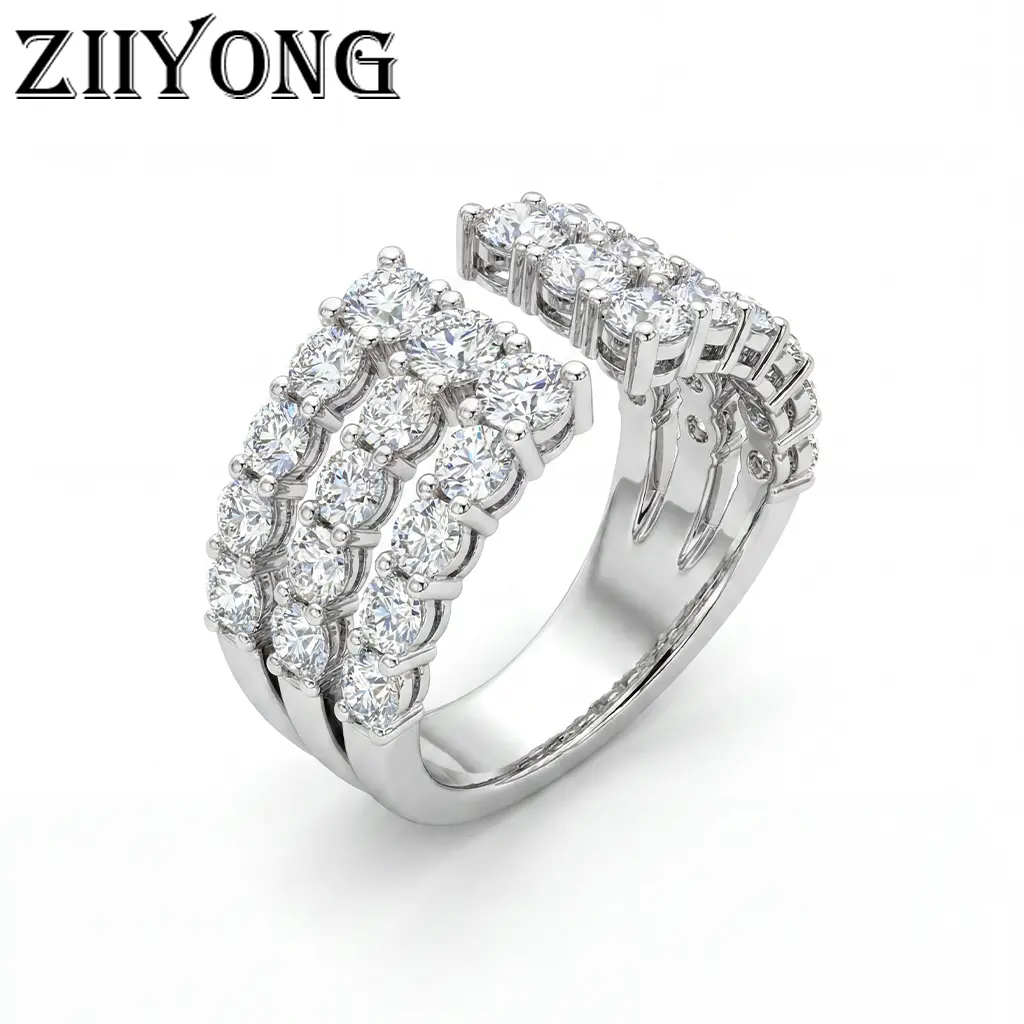 ZIIYONG Women's 3-Row Brilliant Round Moissanite Open Band Ring, 925 Sterling Silver, No Rhodium Plating, Hypoallergenic Luxurious Fine Jewelry, Ideal for Anniversary, Wedding Party Wear