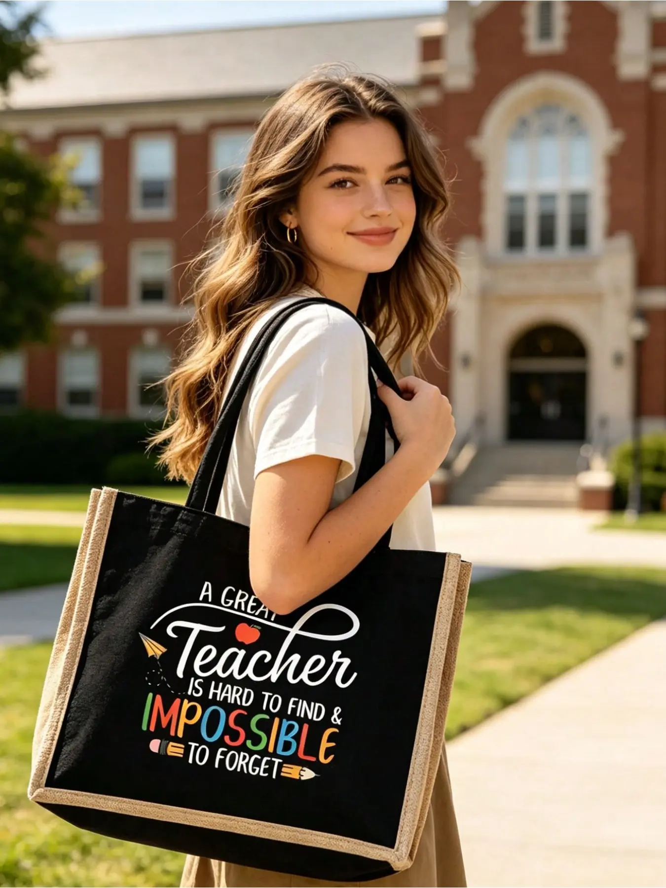 Teacher Print Linen Tote Set Matching tote, wallet & makeup pouch, holds textbooks, files and daily essentials. Perfect for teachers, students & office ladies, great Teacher’s Day and graduation gift.