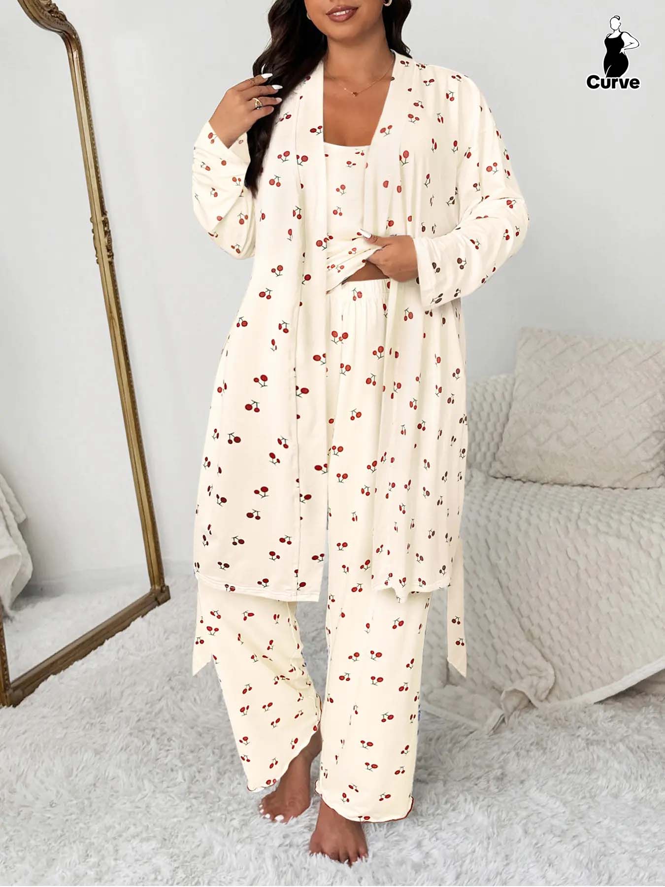 Plus Size Cherry Print Women's Sweet Comfortable Belted Robe & Sleeveless Long Pants & Cami Set, Three-Piece Pajama Sleepwear, Casual Home Wear Plus Size Cherry Print Women's Sweet Comfortable Belted Robe & Sleeveless Long Pants & Cami Set, Three-Piece Pajama Sleepwear, Casual Home Wear