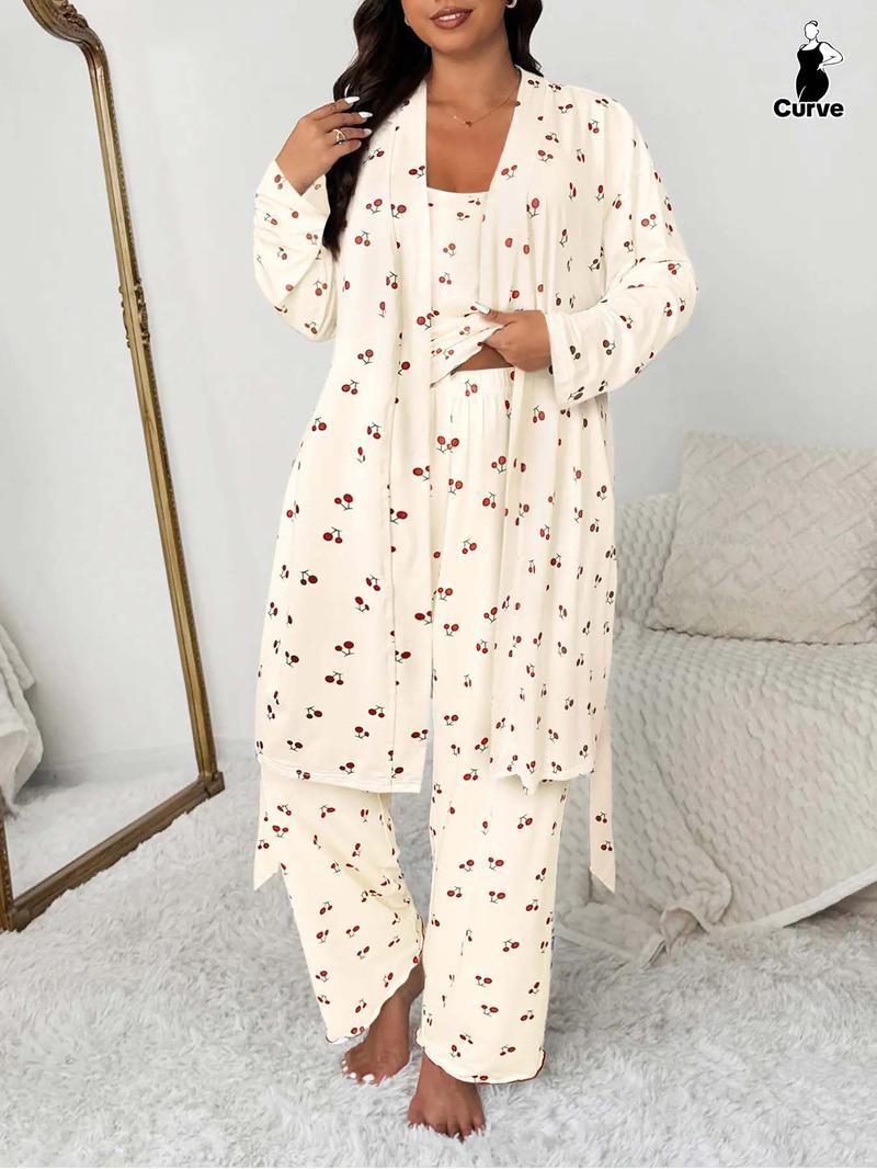 Plus Size Cherry Print Women's Sweet Comfortable Belted Robe Set, Sleeveless Long Pants Three-Piece Sleepwear, Casual Home Wear