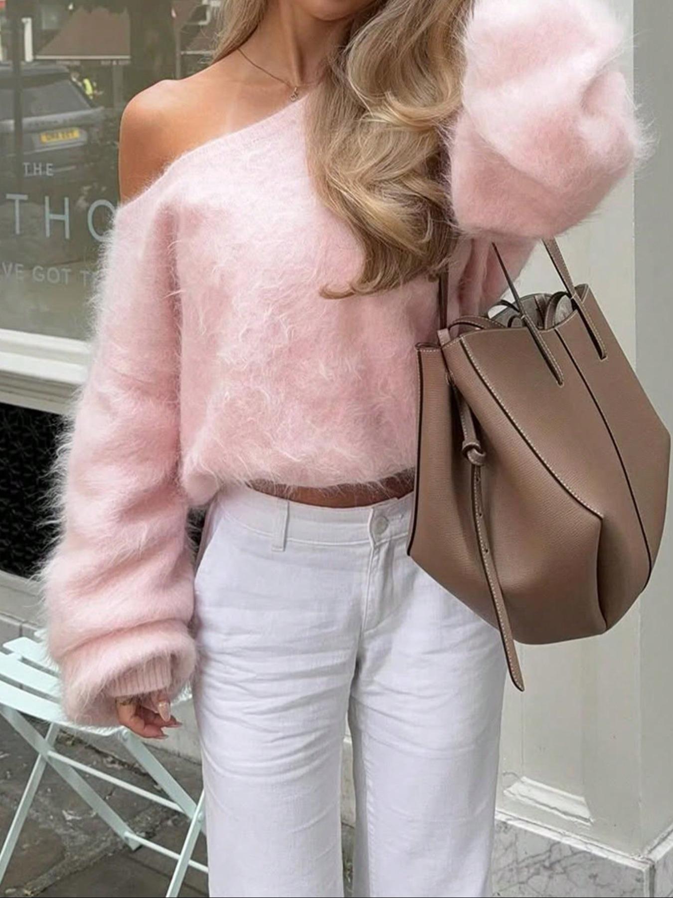 Women's Plush One-Shoulder Knit Top, Knitwear, Soft Pullover Sweater, Warm Autumn Winter Loose Fit Long Sleeve, Elegant Sweet Style