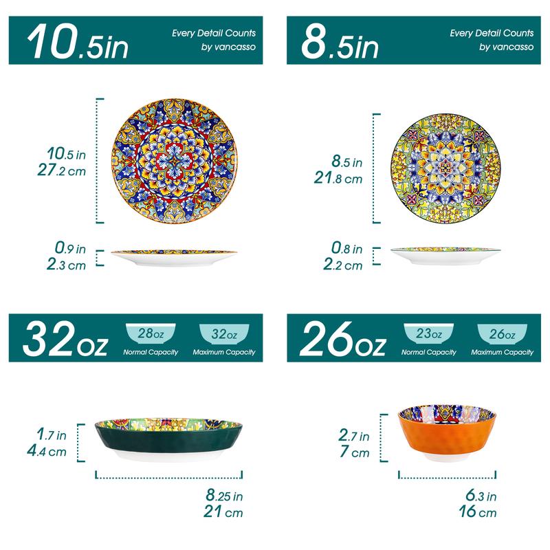 vancasso 12/16/18/24 Pieces Dinnerware Sets, Plates and Bowls Set, Porcelain Dishes Set for 4/6, Microwave and Dishwasher Safe, Scratch Resistant, Bohemian Style Dining Ware Service for 6, Series SIMI