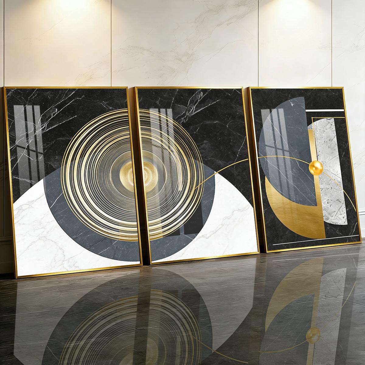 3 Counts Aluminum Alloy Framed Painting, Geometric Abstract Gold And Marble Art, Home Decoration For Living Room, Bedroom, Office, Restaurant, Hallway Wall Decor, Odorless Print Artwork, Luxury Perfect Gift For Friends And Family