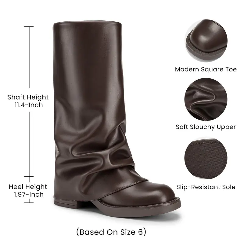 Athlefit Women's Slouchy Leather & Rubber Mid-Calf Boots, Wide Calf Retro Casual Slip On with Square Toe and Platform Cushion, Pull On, Shock Resistant tiktokshopbacktoschool, Party, Soft Slouchy Upper,back to school,back to school haul