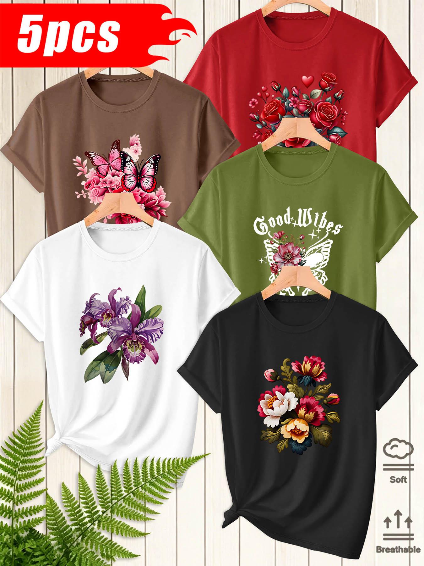 5Pcs Women Crew Neck T‑Shirts, Flower & Butterfly Art Printed Patterns, Multiple Colors Available, Machine Washable Spring Summer Tops, Soft Skin‑Friendly Fabric, Daily Versatile Wear, Fashion Design Short Sleeve Tees
