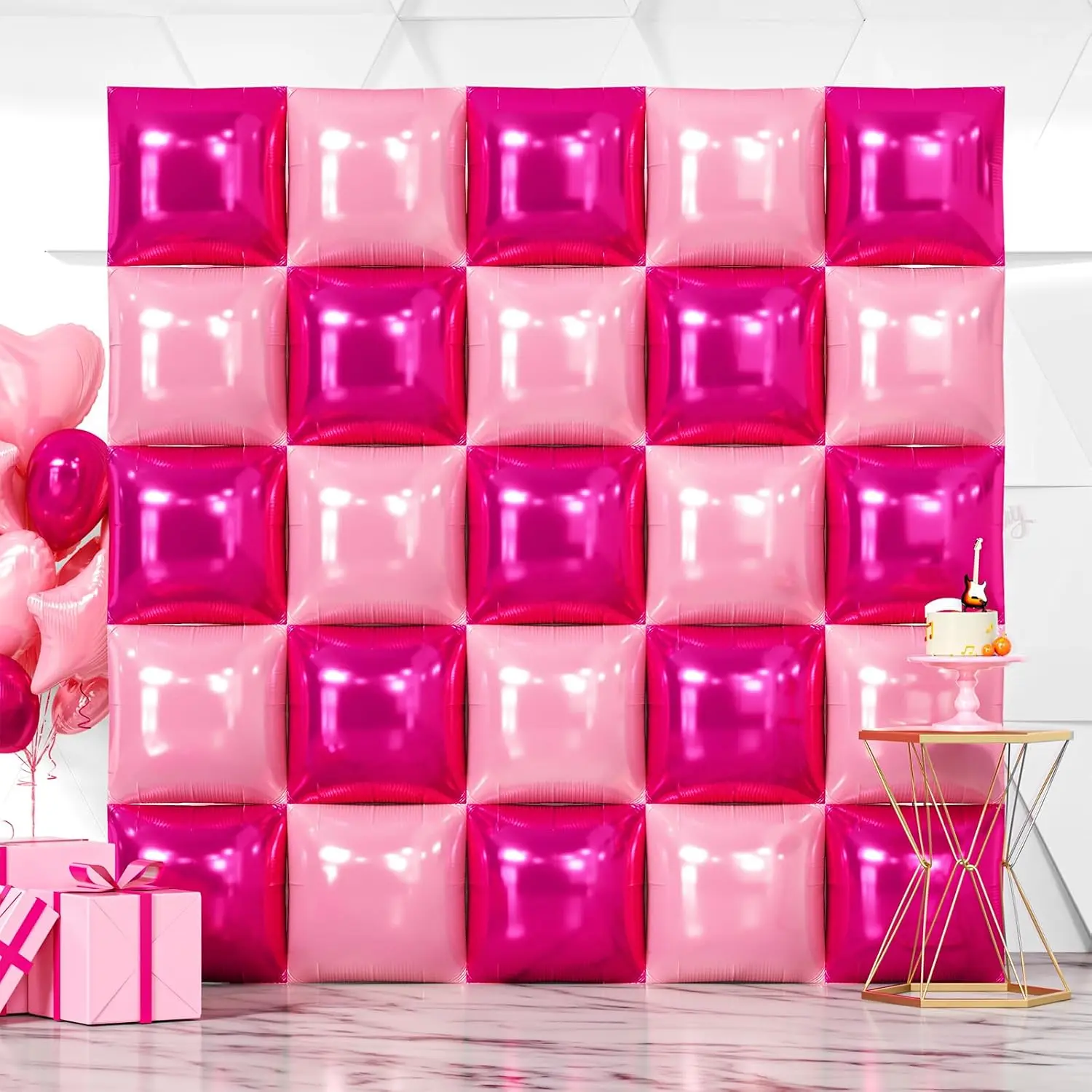 25PCS Hot Pink and Rose Square Foil Balloons Wall Backdrop