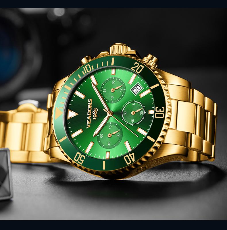 【TikTokShopStockUp】Veadons Men's Luxury Dress Watch, Green Dial, 40mm Stainless Steel Strap, Rotating Quartz Analog, Waterproof Luminous Large Dial Boss Wristwatch summer business