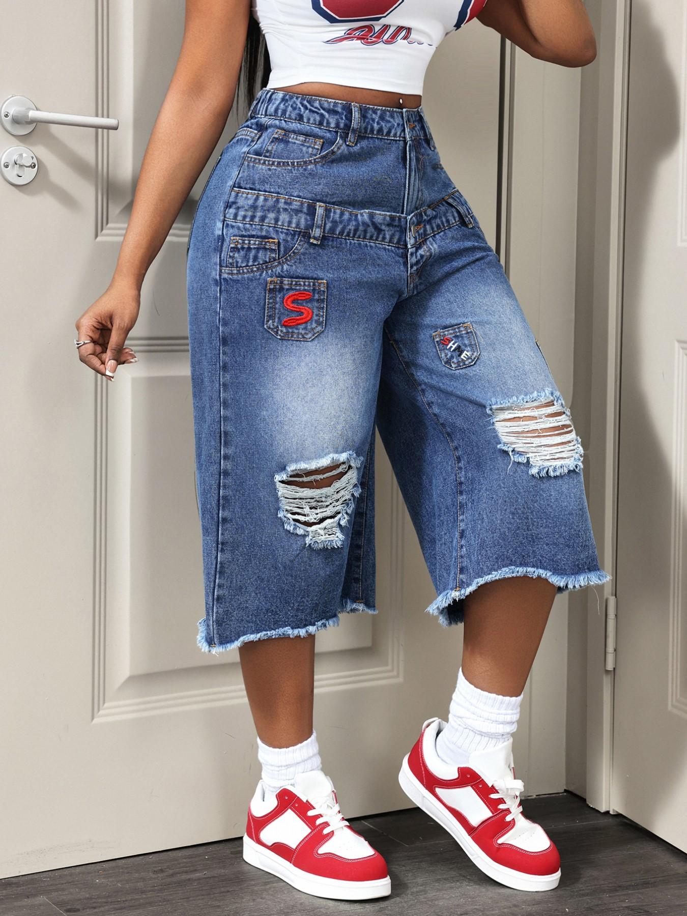 Women's Letter Embroidery Ripped Denim Capri Pants, Straight Leg Double Waistband Jeans, Frayed Hem Multi Pocket Spring Summer Casual Bottom