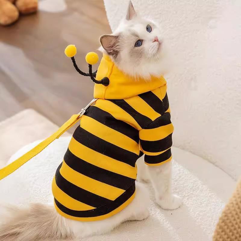 Small Size Cat Hoodie Coat - 1-Piece Bee-Style Striped Print Skin-Safe Fabric, Autumn Winter Warm Anti-Hair Loss Pet Halloween Costume, One-Piece