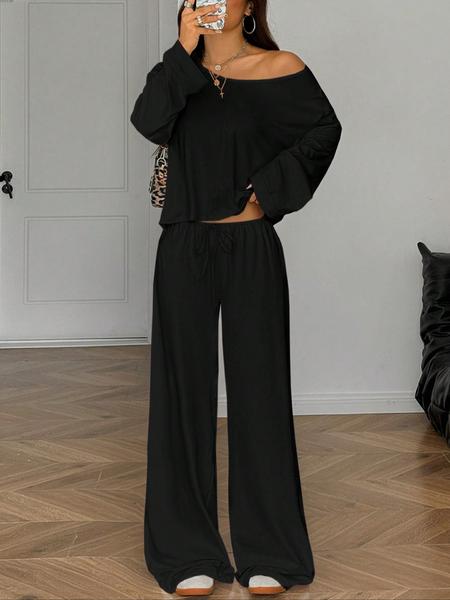 Women's Casual Long Sleeve Top & Pants Set, Plain Design, Loose-Fit Comfortable for All Seasons, Autumn Fashion Essentials