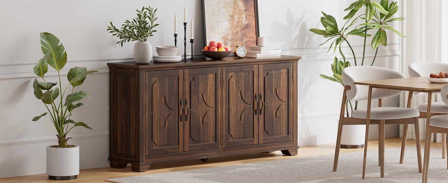 【SPOTLIGHT DAY】ONBRILL 63 Inch Buffet Cabinet with Storage, Large Sideboard Cabinet with 4 Carved Doors, Modern Credenza Storage Cabinets w/Adjustable Shelves for Kitchen, Living Room
