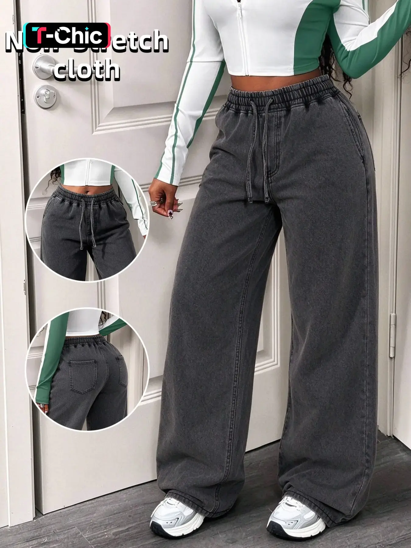 Women Drawstring Elastic Waist Wide Leg Denim Jeans, Vintage Washed Non-Stretch Baggy Jeans, Casual Loose Fit Trousers with Back Pockets