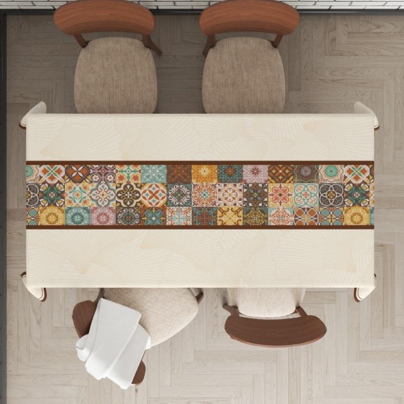 1 Moroccan style rectangular tablecloth, Rectangle tablecloth, Bohemian patchwork polyester Picnic table cover+4 adhesive stickers for durability and easy cleaning, suitable for indoor and outdoor use