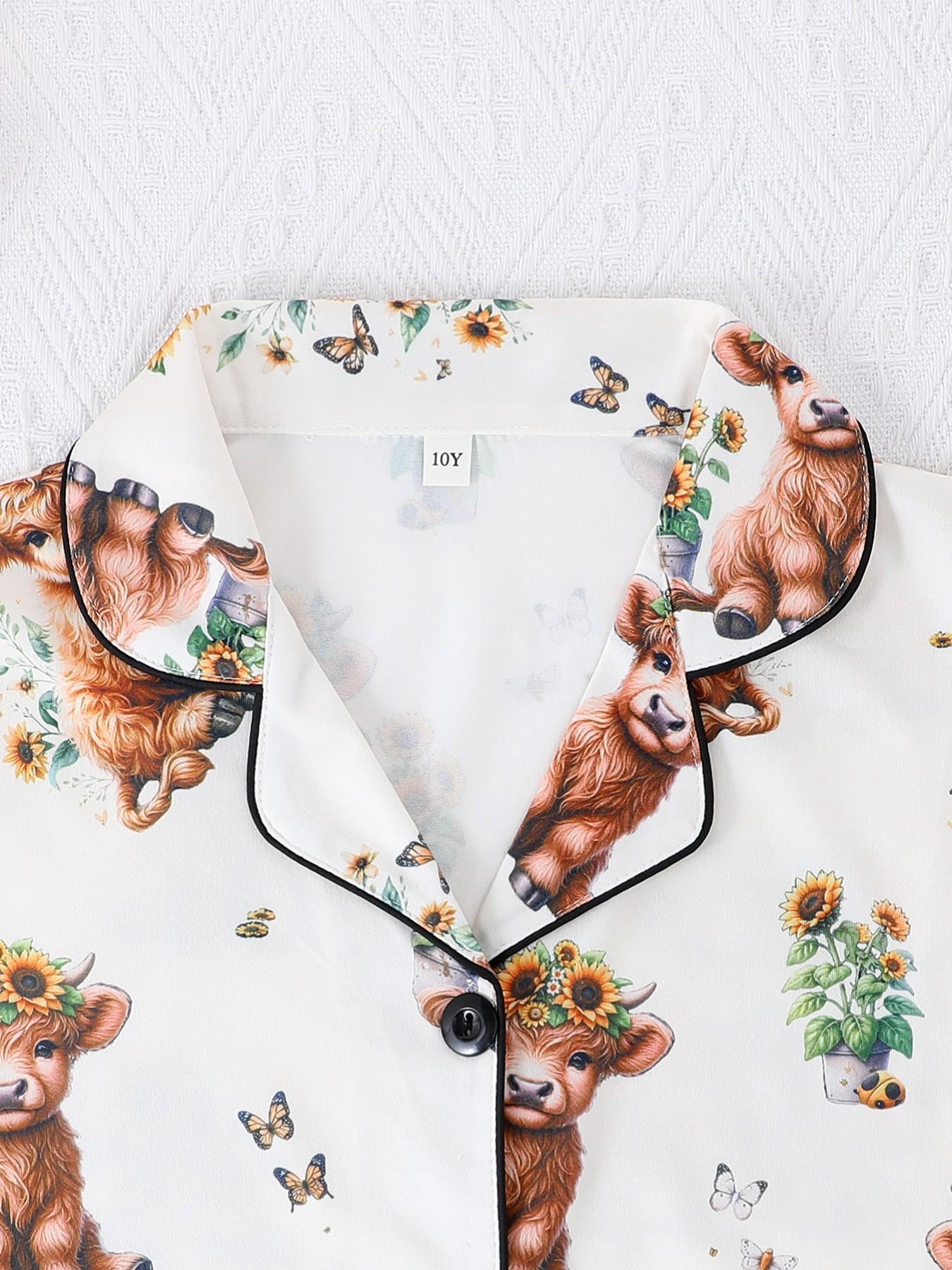 2-Piece Kids' Fire-Resistant Pajama Set, Short Sleeve Button Front, Cartoon Pattern, All Seasons, Casual Loose-Fit, Boys & Girls