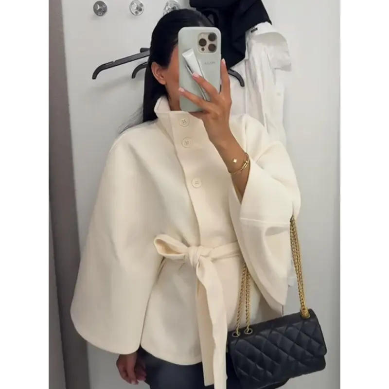 Women’s Faux Suede Cape Jacket, Stand Collar Belted Waist Solid Color Coat with Wide Sleeves, Elegant Slimming Fall Winter Outerwear