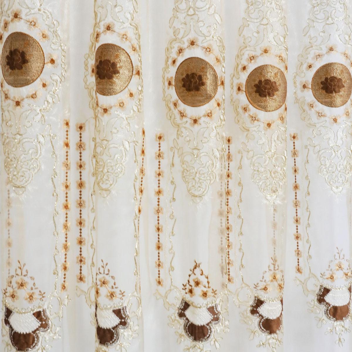 2pcs European Luxury Rice Gold Heavy Embroidered Sheer Curtain, Living Room Floor-To-Ceiling High Transparency Window Shade, Pierced Cream Style Balcony Curtain