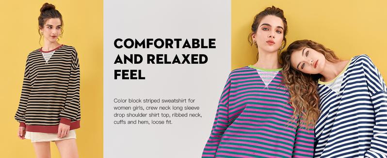 Fisoew Womens Striped Oversized Sweatshirt Color Block Crew Neck Long Sleeve Shirt Casual Loose Pullover Top Y2K Clothes
