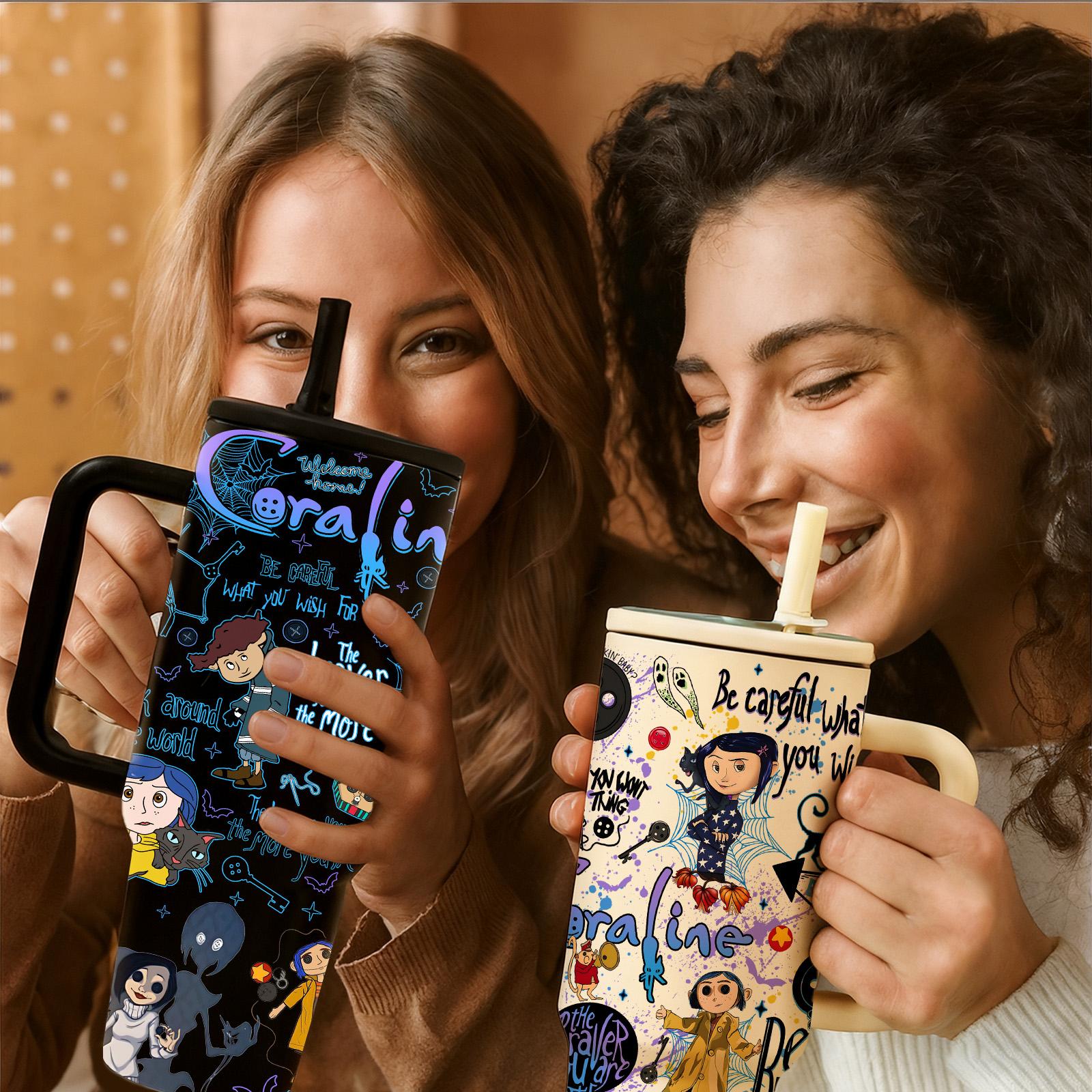 1pc 40oz Stainless Steel Tumbler with Lid & Straw, Coraline Dark Fantasy Style, Vacuum Insulated Thermal Cup, Insulated Travel Drinkware, Keep Hot 12H / Cold 24H, Creepy Cute Travel Mug, Gift for Horror Aesthetic & Animation Enthusiasts