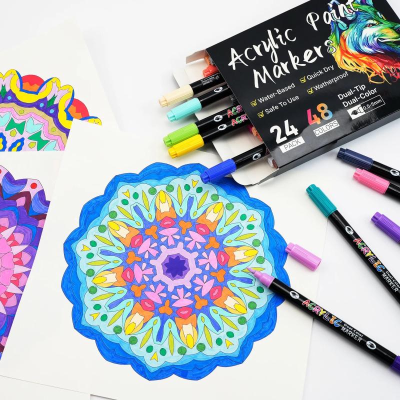 Acrylic Paint Markers, Dual tips Dual Color 24/48/72/144 Colors,Acrylic Paint Pens for Rock Painting, Canvas, Wood, Glass, Ceramic, Fabric, Plastic, Egg & Scrapbook. Soft Brush Tips Paint Pens and Paint Markers, Art Marker Set, Art Craft Supplies