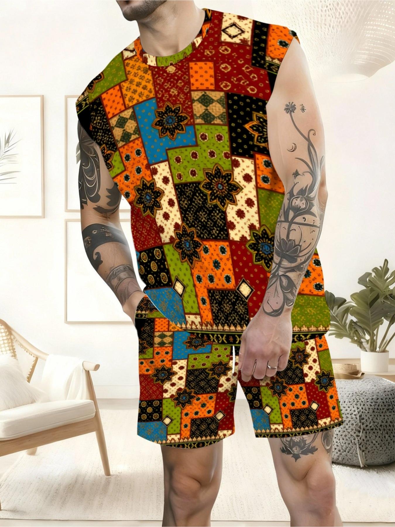 Men's Ethnic Patchwork Print Sleeveless Summer Casual Set