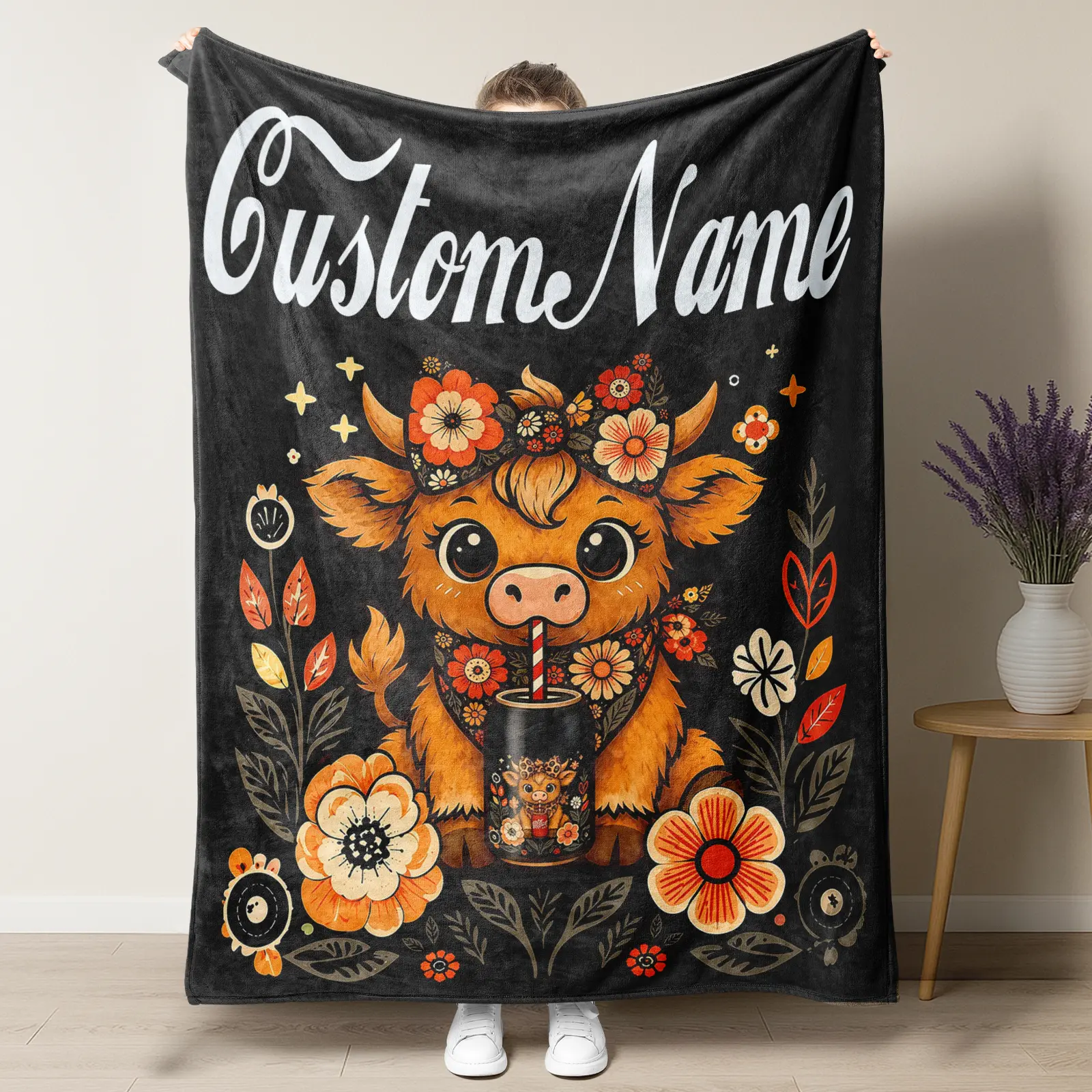 Personalized Custom Name Black Vintage Cat & Highland Cow Floral Flannel Blanket - 100% Polyester Cozy Setup, Retro Dark Cottagecore Soda Lover Room Decor, Soft Floral Bedding Cow Print Blanket Gift For Fans