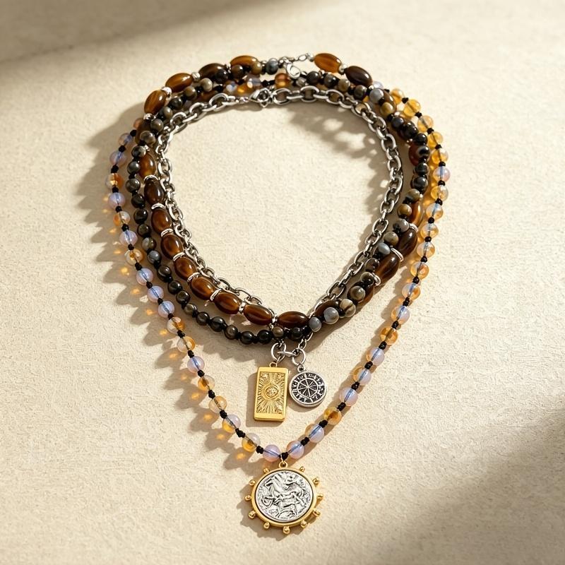 Women's Beaded Choker Necklace Tiger Eye Natural Stone Compass Charm Boho Western Style for Beach Vacation Festivals Daily Wear