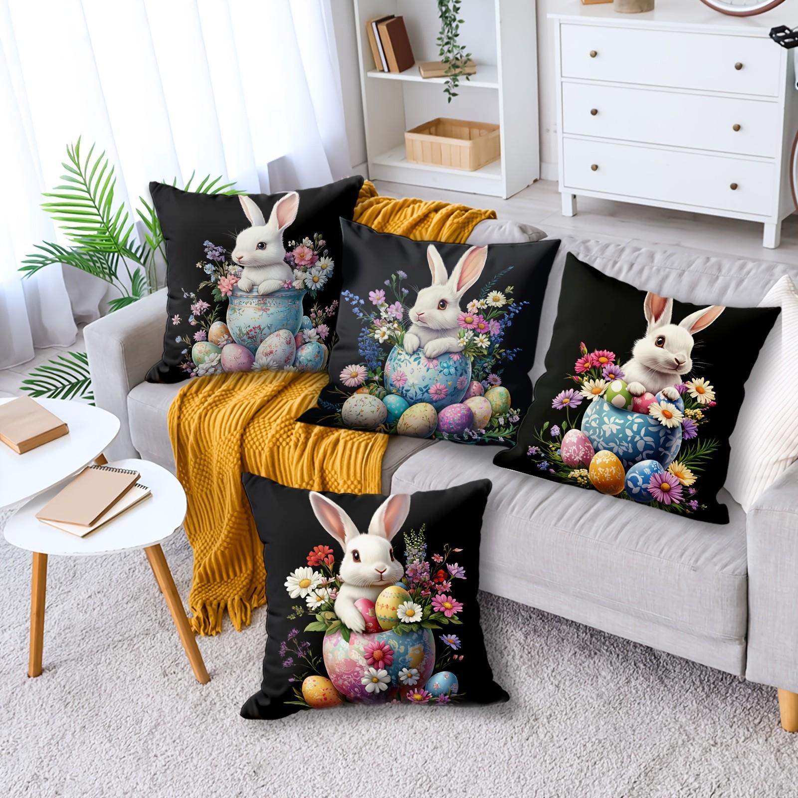 4pcs Soft Easter Throw Pillow Covers Set | Bunny & Egg Designs, Perfect for Sofa, Bed, Office Decor, Contemporary Style, Single-sided Printing, No Pillow Insert