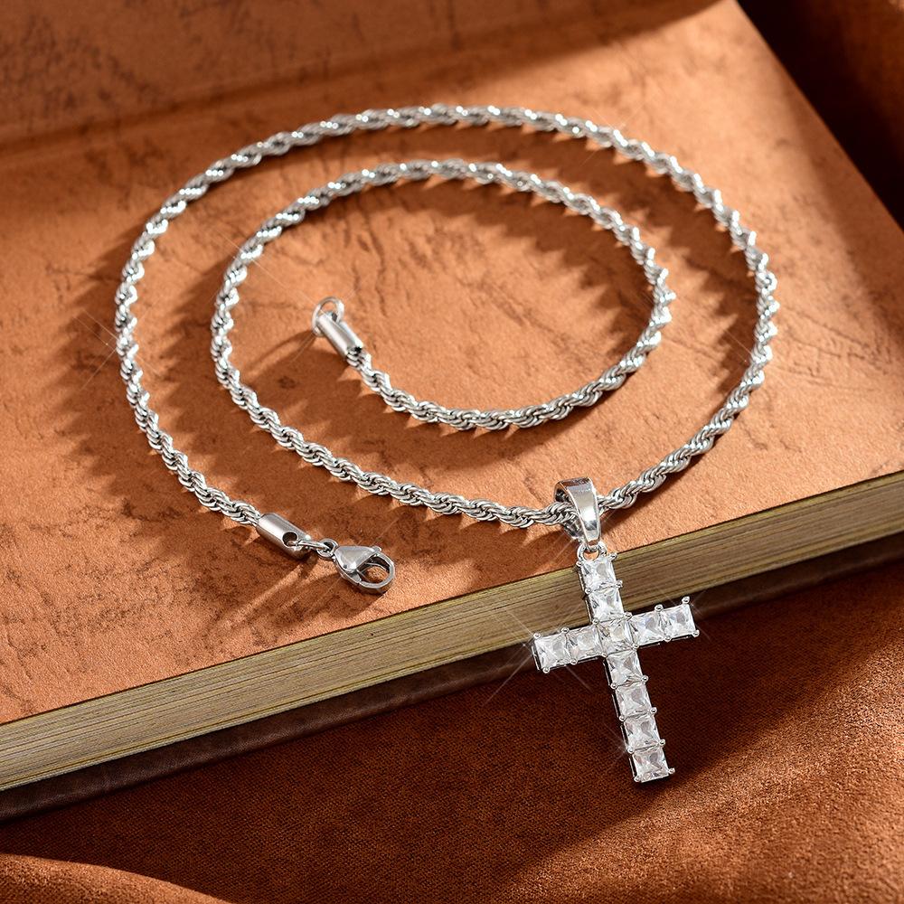 Cross necklace with copper inlay and zirconia cross pendant