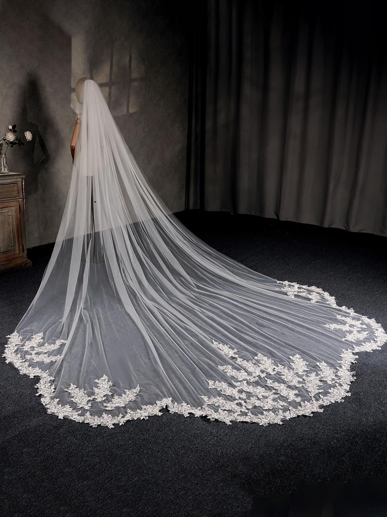 Bridal Cathedral Veil in Delicate White Lace with Oversized Train and Romantic Wavy Edges Wedding Photo Essential Trailing Veil