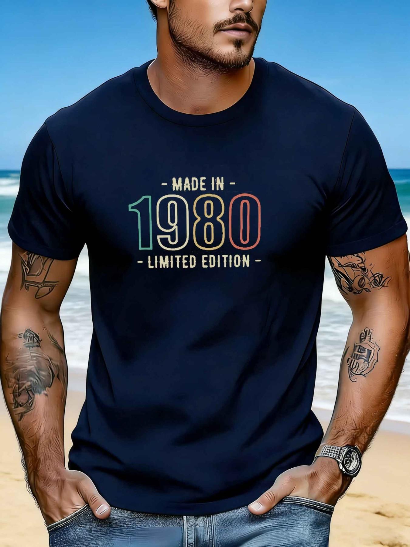 Men's 1980s Limited Edition Summer Casual Round Neck Short Sleeve T-Shirt, Fitted Long Tee with Print Pattern, Perfect for Daily Wear