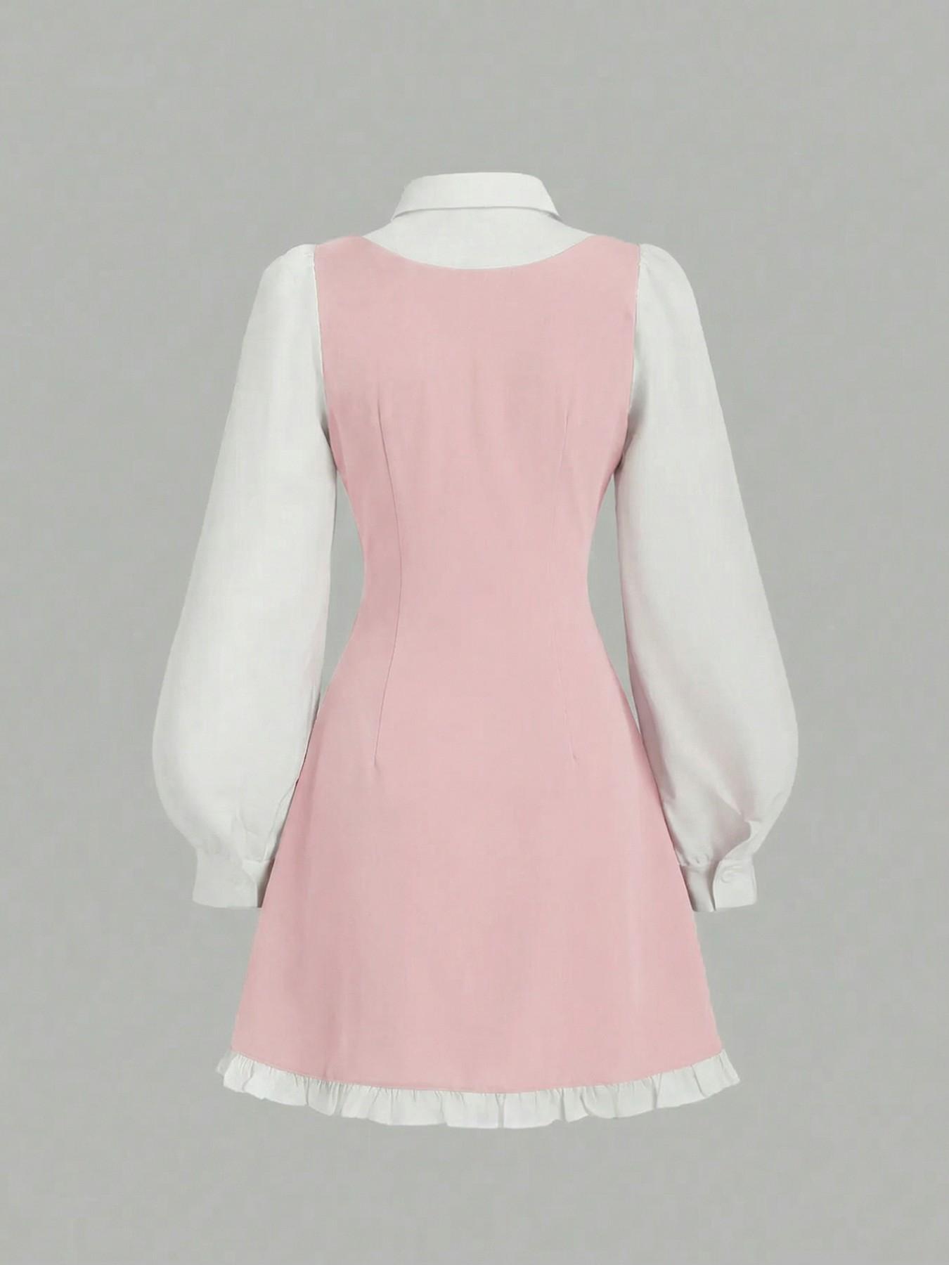 Women's Button Decoration A-line Dress, Casual Bishop Sleeve Dress for Daily Wear, Ladies Clothes for All Seasons, Fitted