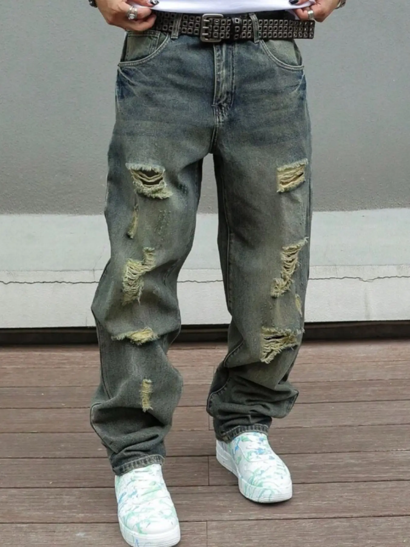 Men's Trendy Denim Jeans, High Street Style Ripped Vintage Look, Non-Elastic Loose Fit Straight Leg Long Jeans, European and American Fashion Pants