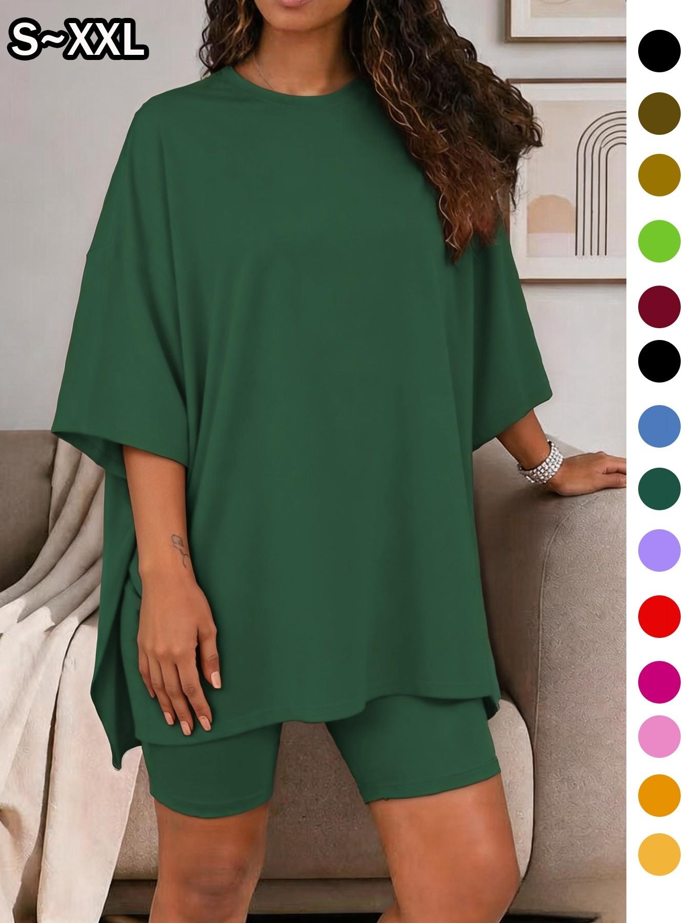 Women's Solid Color T-Shirt and Tight Shorts Set Loungewear, Summer Comfort Round Neck Pajamas, Casual Pocket Design, Suitable for Outdoor Wear