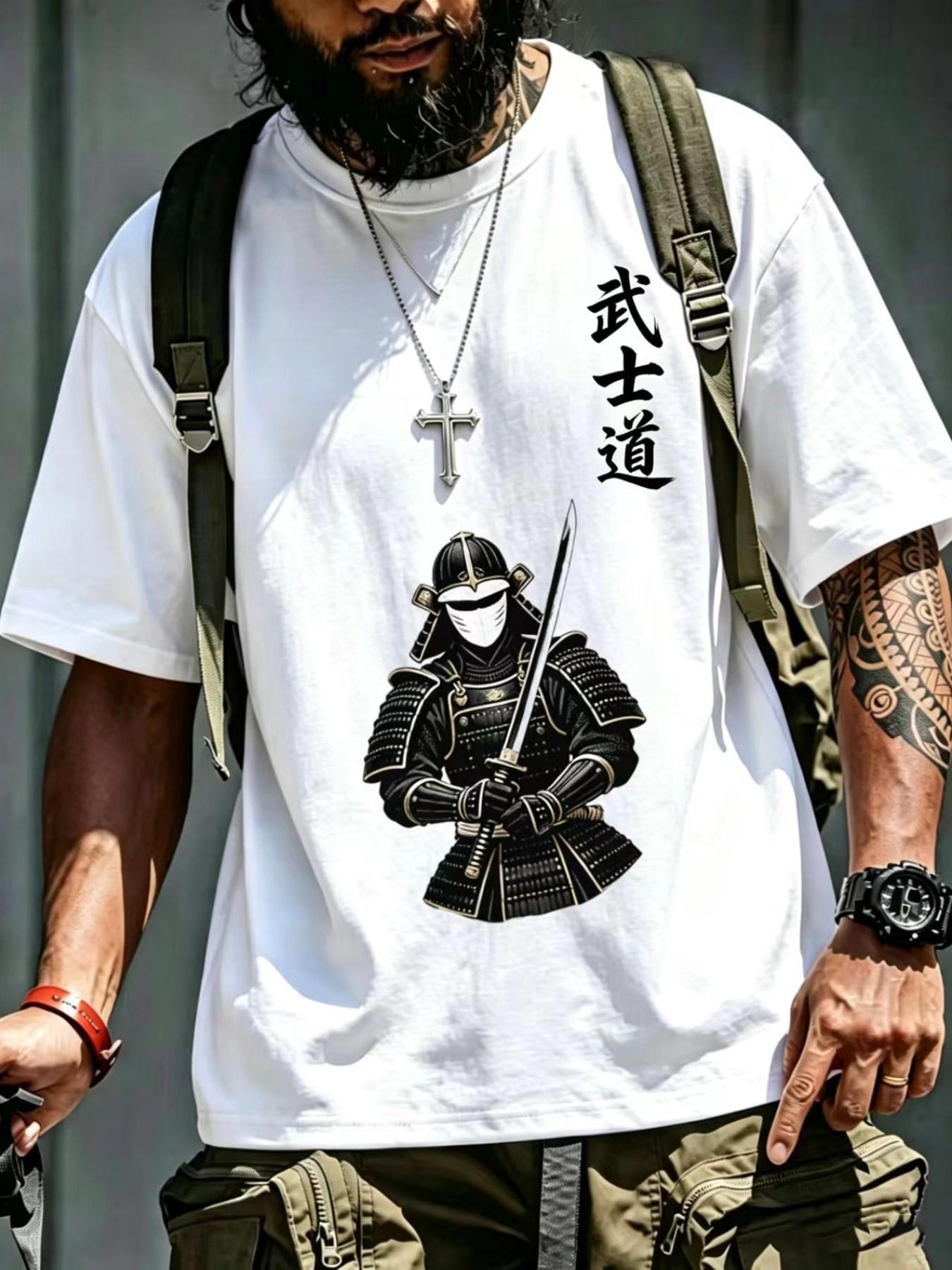 Men's Summer Japanese Samurai Sport T-Shirt, Breathable Quick-Dry Knit Fabric, Stretch Round Neck Short Sleeve, Casual Daily Wear