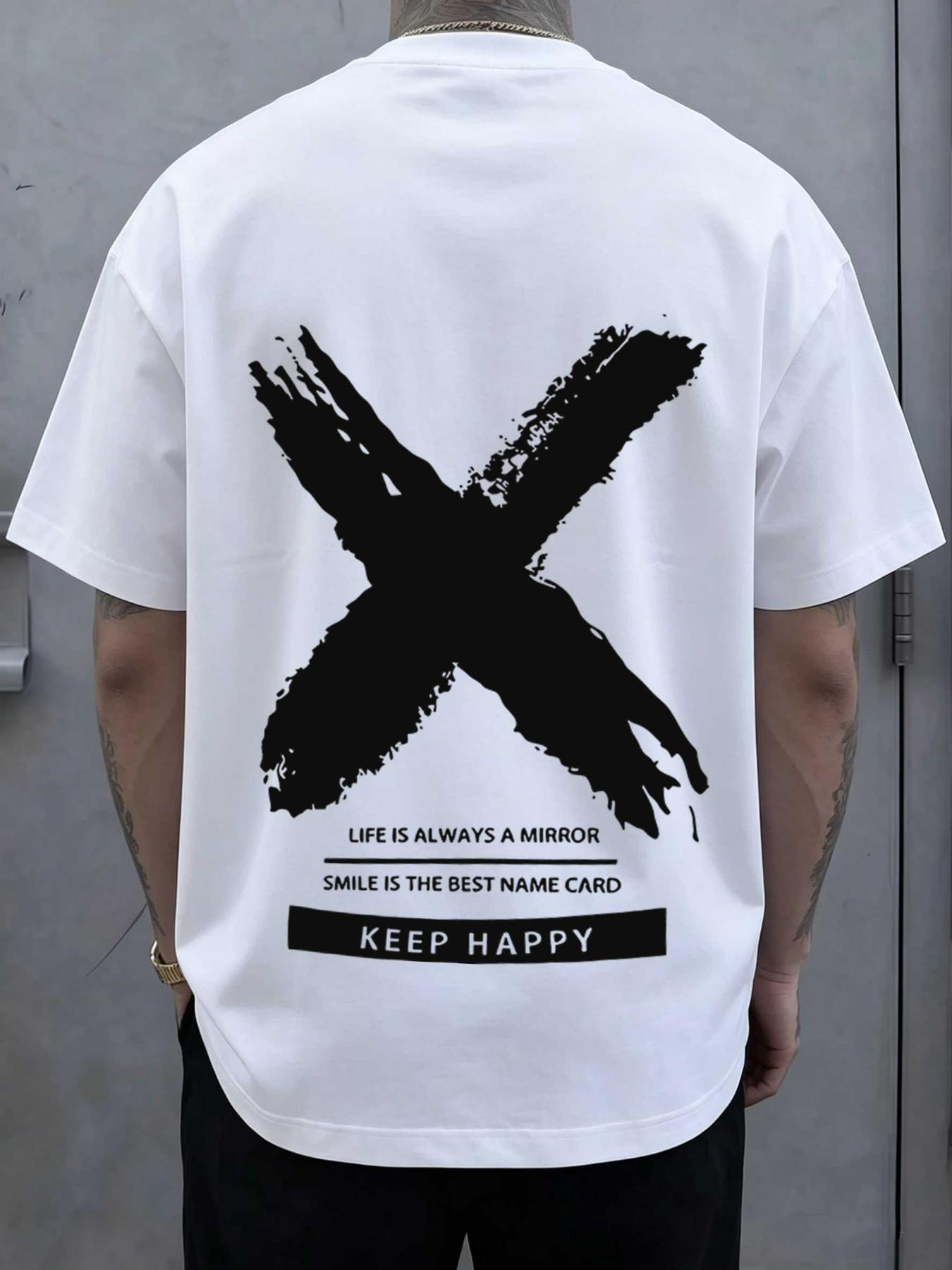 Men's Casual Patterned Short Sleeve T-Shirt, Streetwear Style, Drop Shoulder Design, Lightweight Fabric, Ideal for Daily Wear and Layering