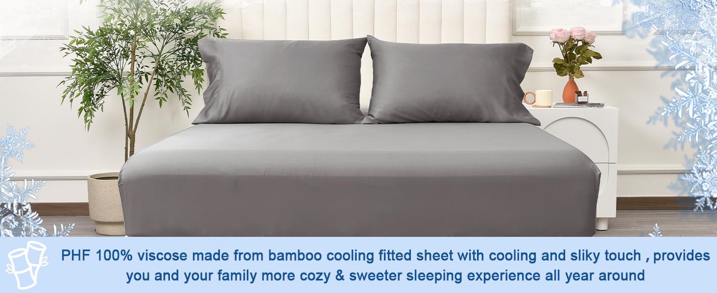 PHF Cooling Fitted Sheet with Deep 16" Pocket, 100% Viscose from Bamboo Sheet, Soft, Breathable, 1 count No Pillowcases