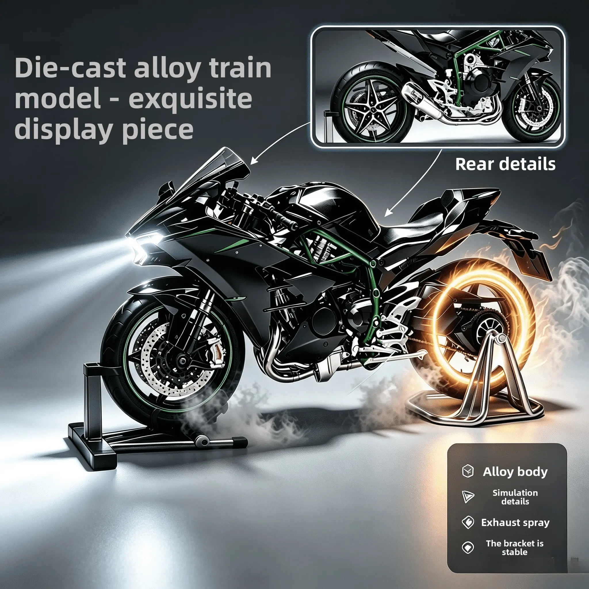 Dynamic alloy casting simulation motorcycle model, equipped with key start + exhaust spray function, suitable for children and adults. A beautiful die-cast model toy gift, can be used as a desktop collection and decorative item.
