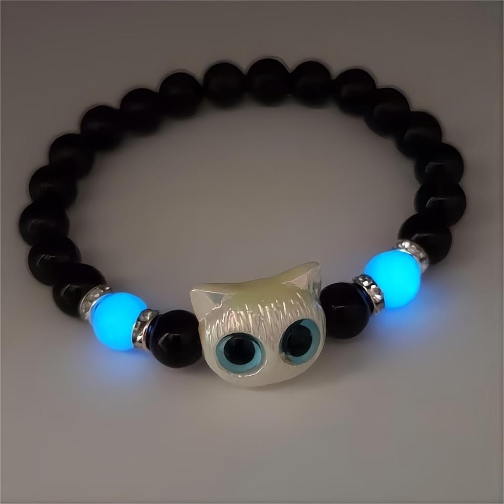 2pcs Luminous Cat Bracelet Set - Elastic Stretch Matching Beaded Jewelry for Couples, Besties & Sisters. Black & White Glow-in-the-Dark Animal Wristband for Halloween, Party & Daily Wear. Perfect Holiday Gift for Cat Lovers, Teens & Friends.