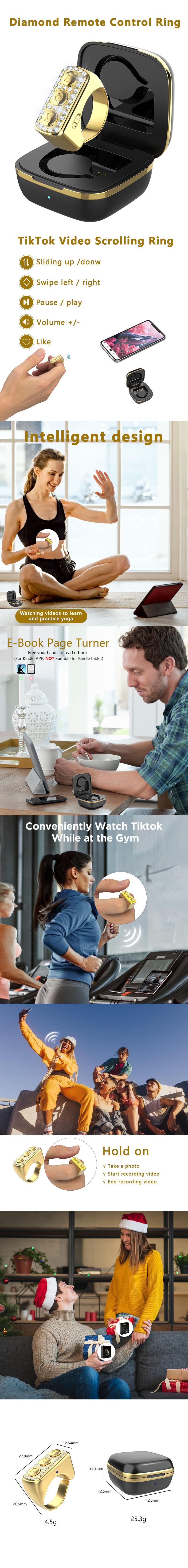 Xring Bluetooth Scrolling Ring Remote Control with Glitter Diamonds, Bluetooth Phone Remote for Camera Selfie, Phone Ebook APP Page Turner (Not for Kindle Device),Smart Ring for iPhone, iPad, Android, Gold,Ideal Gift for Christmas & Halloween!