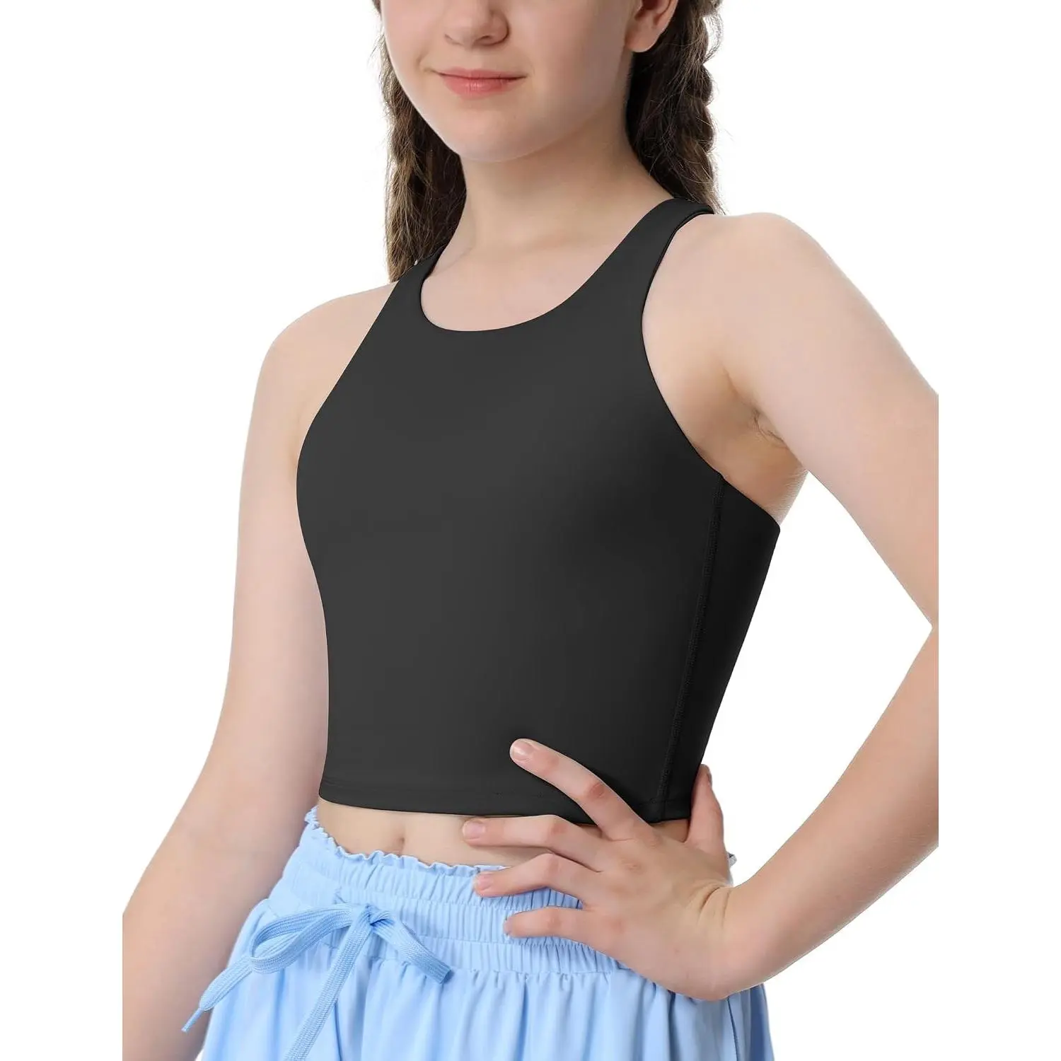 Girls Double Lined Crop Tank Tops High Crew Neck Racerback Sleeveless Basic Dance Top for KidsGift
