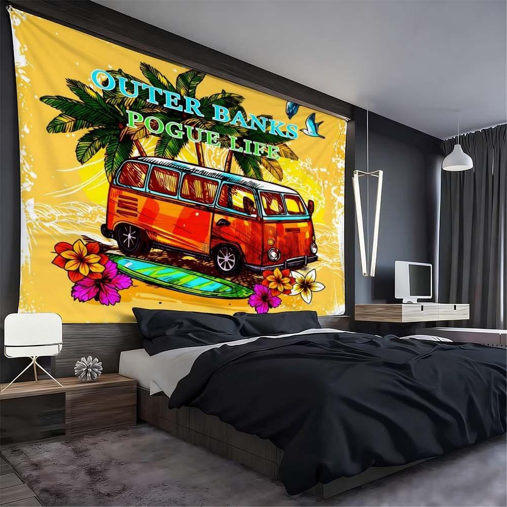 1PC colorful tropical themed wall hanging for living rooms bedrooms and events retro van and palm tree design great for celebrations and gatherings festive atmosphere enhancement lightweight decorative fabric for home holidays parties