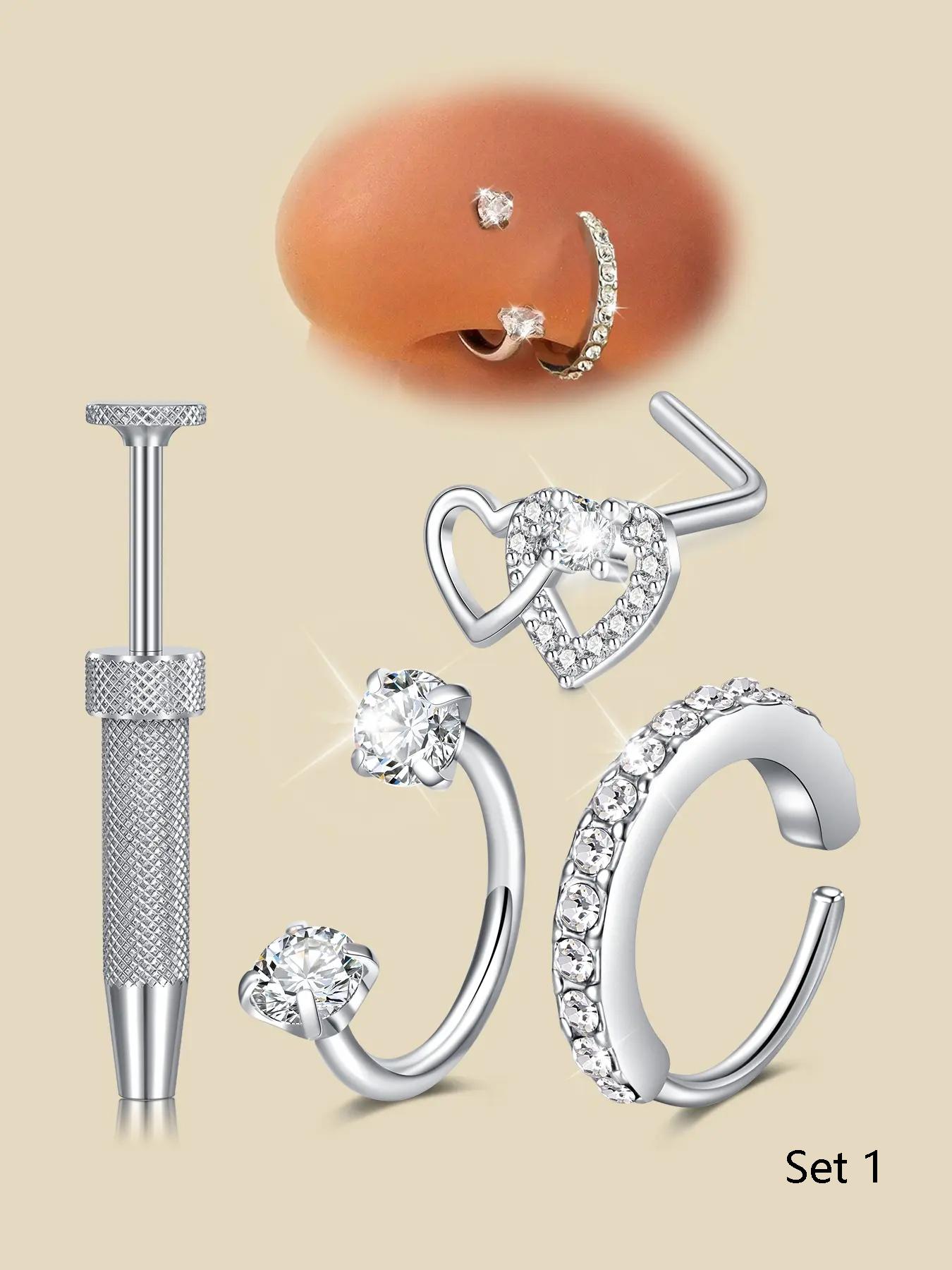 Silver Nose Rings Studs 18g Horseshoe Nose Ring Hoop for Women Surgical Steel Horse Shoe Tragus Cartilage Earring Hoops Helix Jewelry Double Gem Nostril Piercing Jewelry Rhinestone Nose Ring Heart Nose Stud Septum Pierced Ring