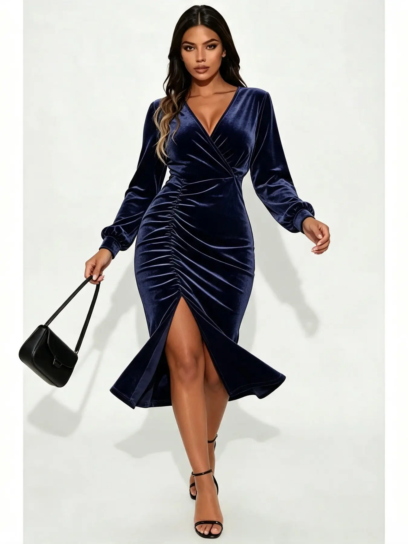 Women's Navy Velvet V-Neck Long Sleeve Dress, French Cross Waist Ruched Split Midi Dress, Elegant Chic Party Slimming Bodycon Dress, Cocktail Party Dress