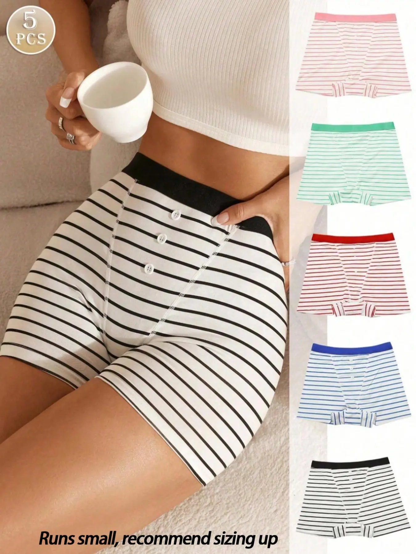 Women's Striped Print Boyshorts Panties, Comfortable Breathable Fabric, Plain Waistband, Casual Style, All Seasons, Fitted, Unlined