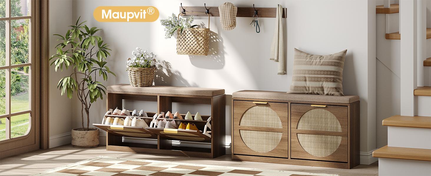 Vabches Rattan Entryway Bench with Seat Cushion & Coat Rack, Shoe Storage Cabinet with 2 Flip Drawers, Narrow Shoe Rack, 5 Sturdy Metal Hooks, Rustic Oak Rattan