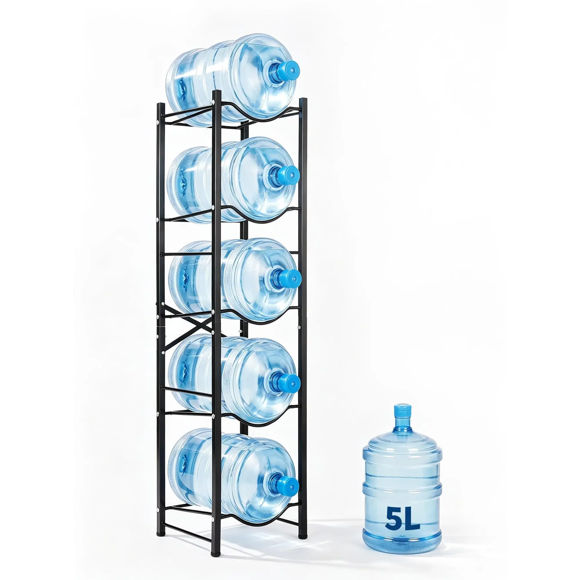 Garvee Heavy-Duty 5-Tier Water Bottle Holder Rack – Single-Row Detachable Jug Stand with Rubber Feet for Office, Kitchen, Garage – Black, Bottle Organizer, Bottle Storage Rack, Jug Holder, Hydration Station, Home Storage, Counter Rack, Pantry, Sturdy Rack